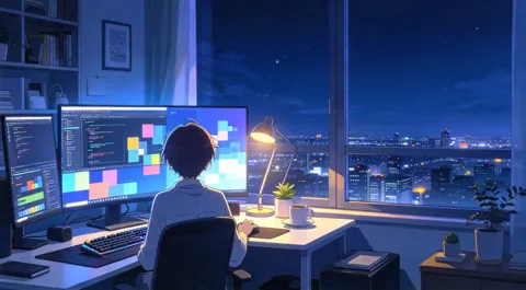 夜晚书桌前面对双屏幕工作的人物动漫风插画