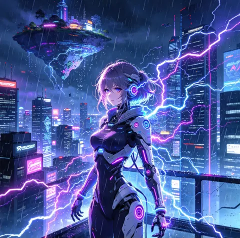 雷电光效下的赛博风人物插画