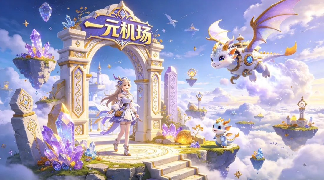 云端拱门前少女与飞龙的奇幻风插画