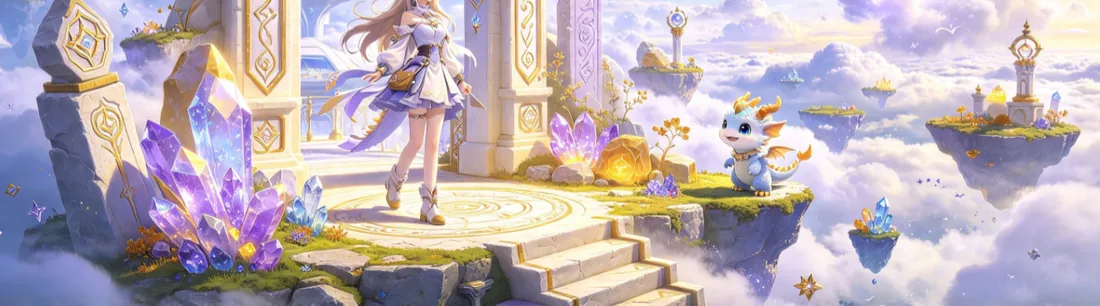云端拱门前少女与飞龙的奇幻风插画（下半）